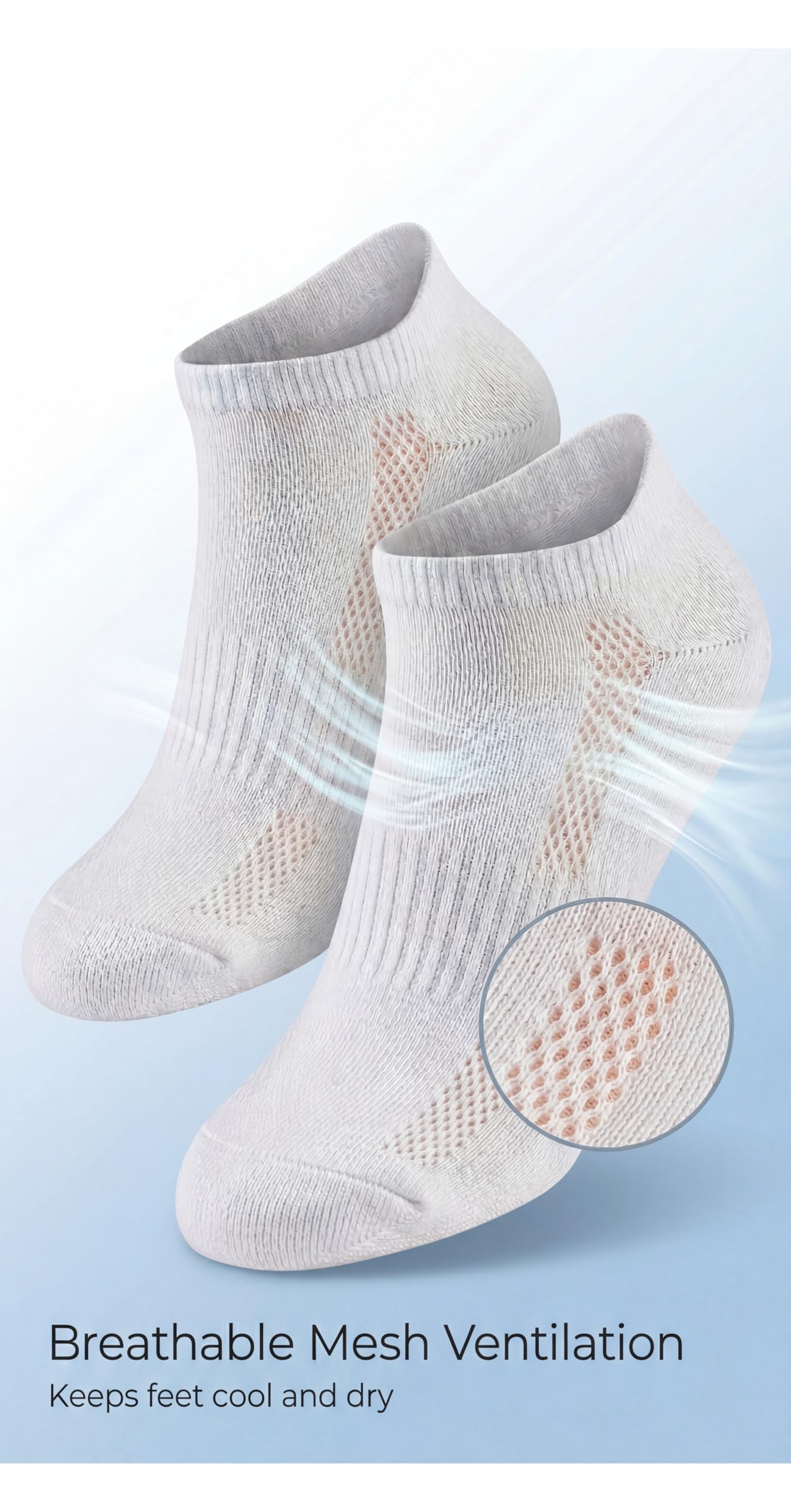 Gray socks with breathable mesh design on a light blue background