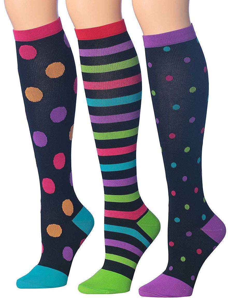 RONNOX Compression Socks for Men & Women Colorful Patterned Knee High Socks (16-20 mmHg / 12-14 mmHg) 3-Pairs CP01-B-2 - Socks