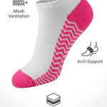 White and pink sock with text highlighting features on a white background