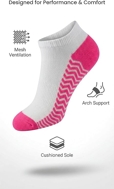 White and pink sock with text highlighting features on a white background