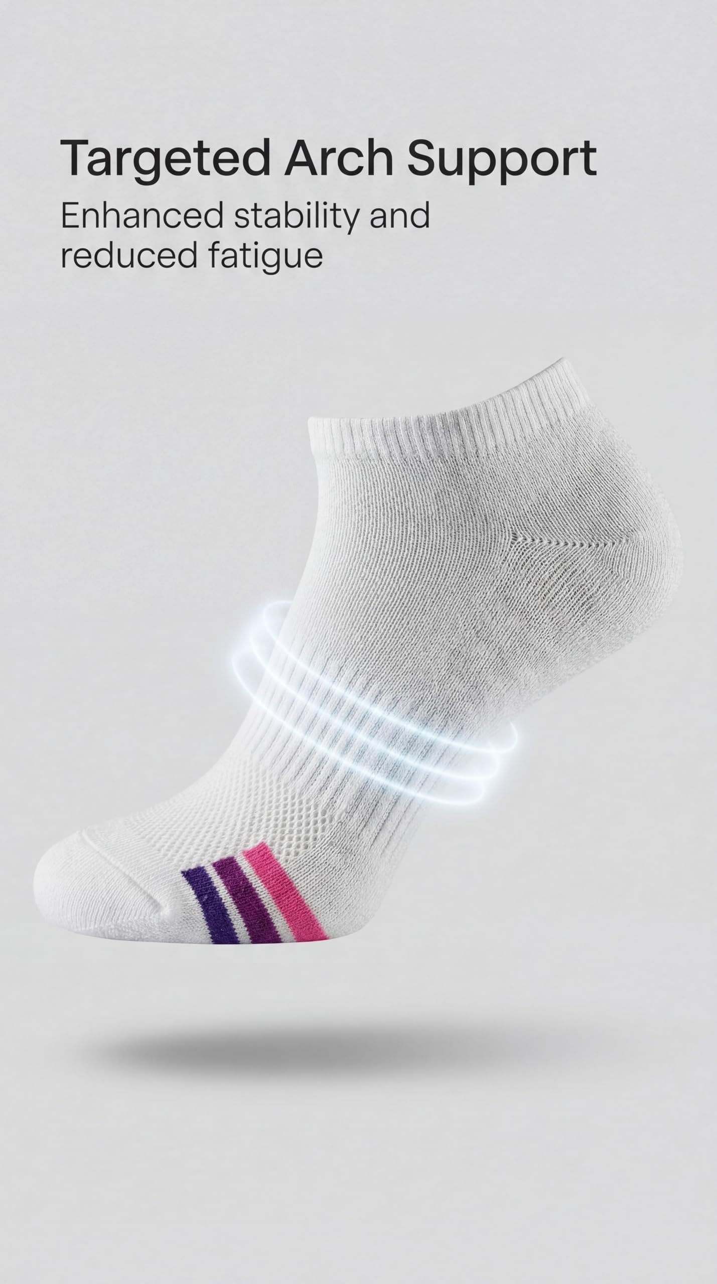 A single white ankle sock with three colored heel stripes (purple, pink, and white) shown floating against a light gray background with promotional text reading 'Targeted Arch Support' and 'Enhanced stability and reduced fatigue'.