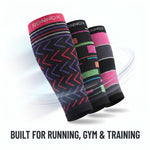 Three compression sleeves from Ronnox are shown in a fan arrangement on a white background with a light blue graphic accent. The sleeves feature various colorful geometric patterns and stripes on black, pink, and dark gray bases.
