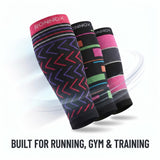 Three compression sleeves from Ronnox are shown in a fan arrangement on a white background with a light blue graphic accent. The sleeves feature various colorful geometric patterns and stripes on black, pink, and dark gray bases.