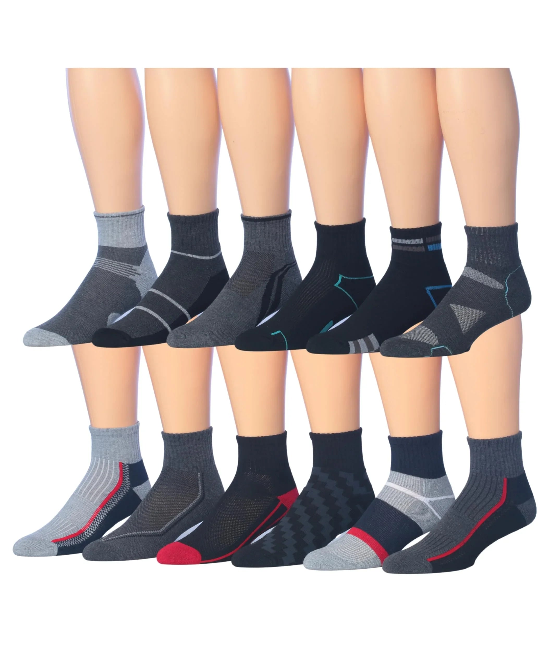 JAMES FIALLO Men's 12 Pack Steel Edge Patterned Quarter Athletic Socks - Tipi Toe Socks