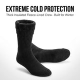 A pair of black ribbed crew socks with a plush fleece lining at the cuff, shown on a light gray background with promotional text at the top reading 'EXTREME COLD PROTECTION' and 'Thick Insulated Fleece-Lined Crew Built for Winter'.