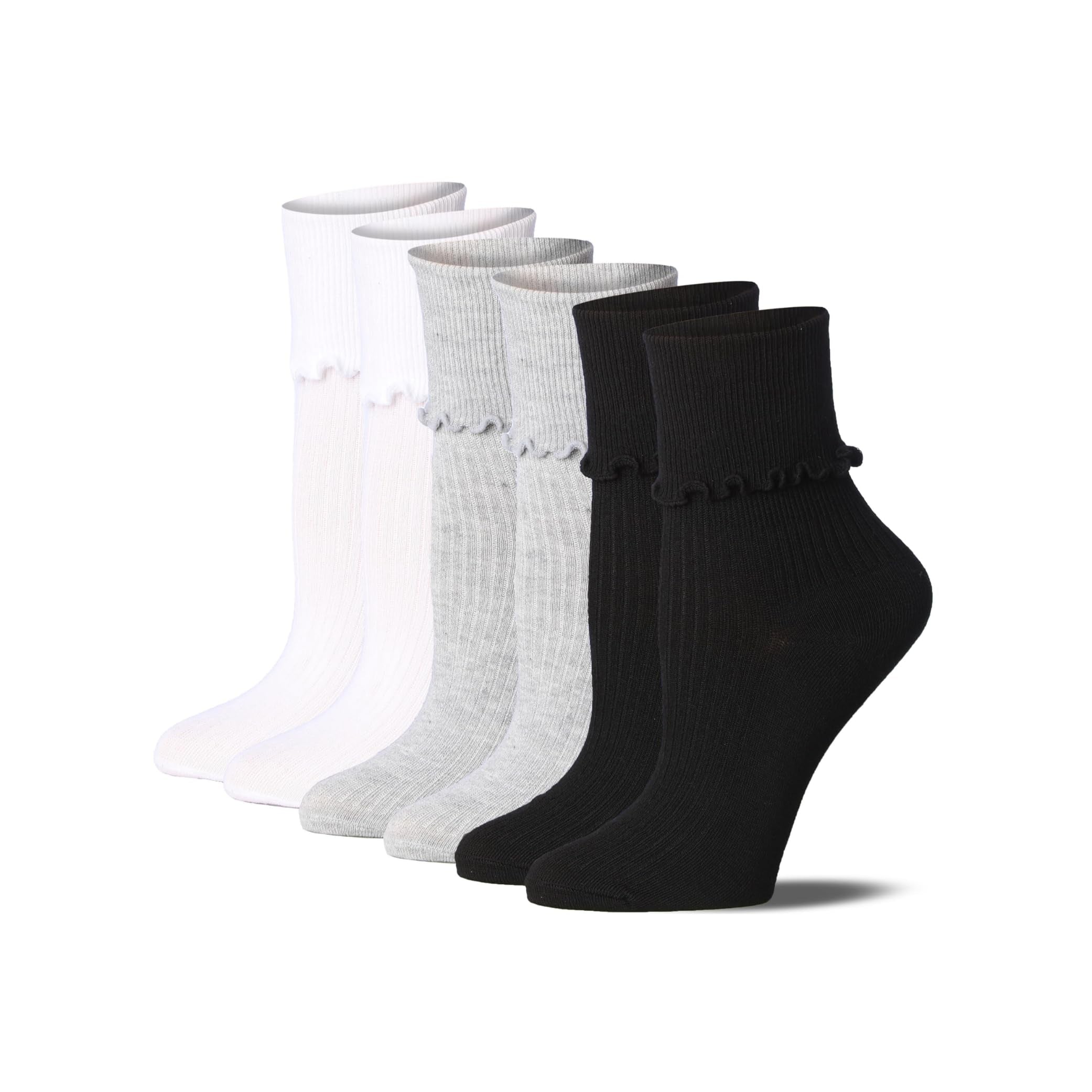 White/Grey/Black Color Cuff Ruffle Socks