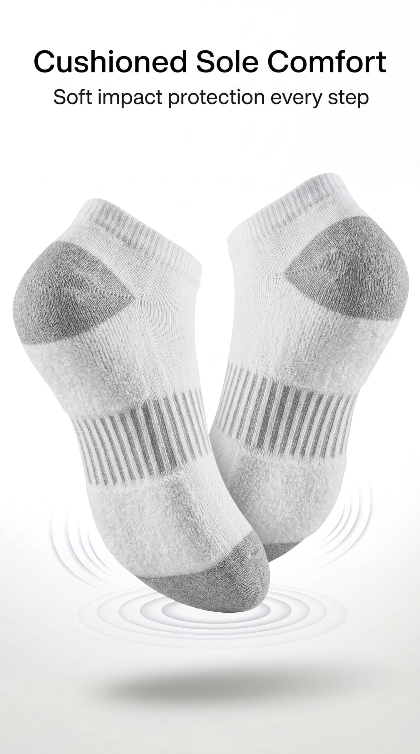 White socks with gray cushioned sole on a white background