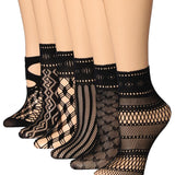  Women's 6 Pack Colorful Patterned Lace Anklet Socks with Ruffled Trim - Socks
