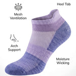 Purple ankle sock with text highlighting features on a white background