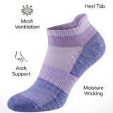 Purple ankle sock with text highlighting features on a white background