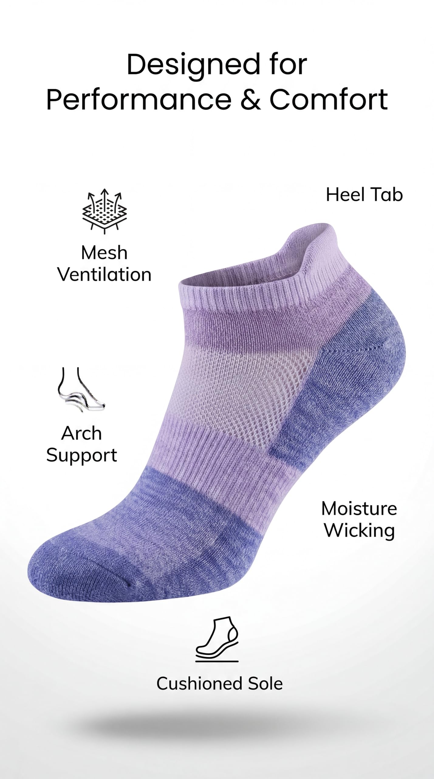 Purple ankle sock with text highlighting features on a white background