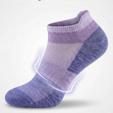 Purple ankle sock with text about targeted arch support on a light gray background
