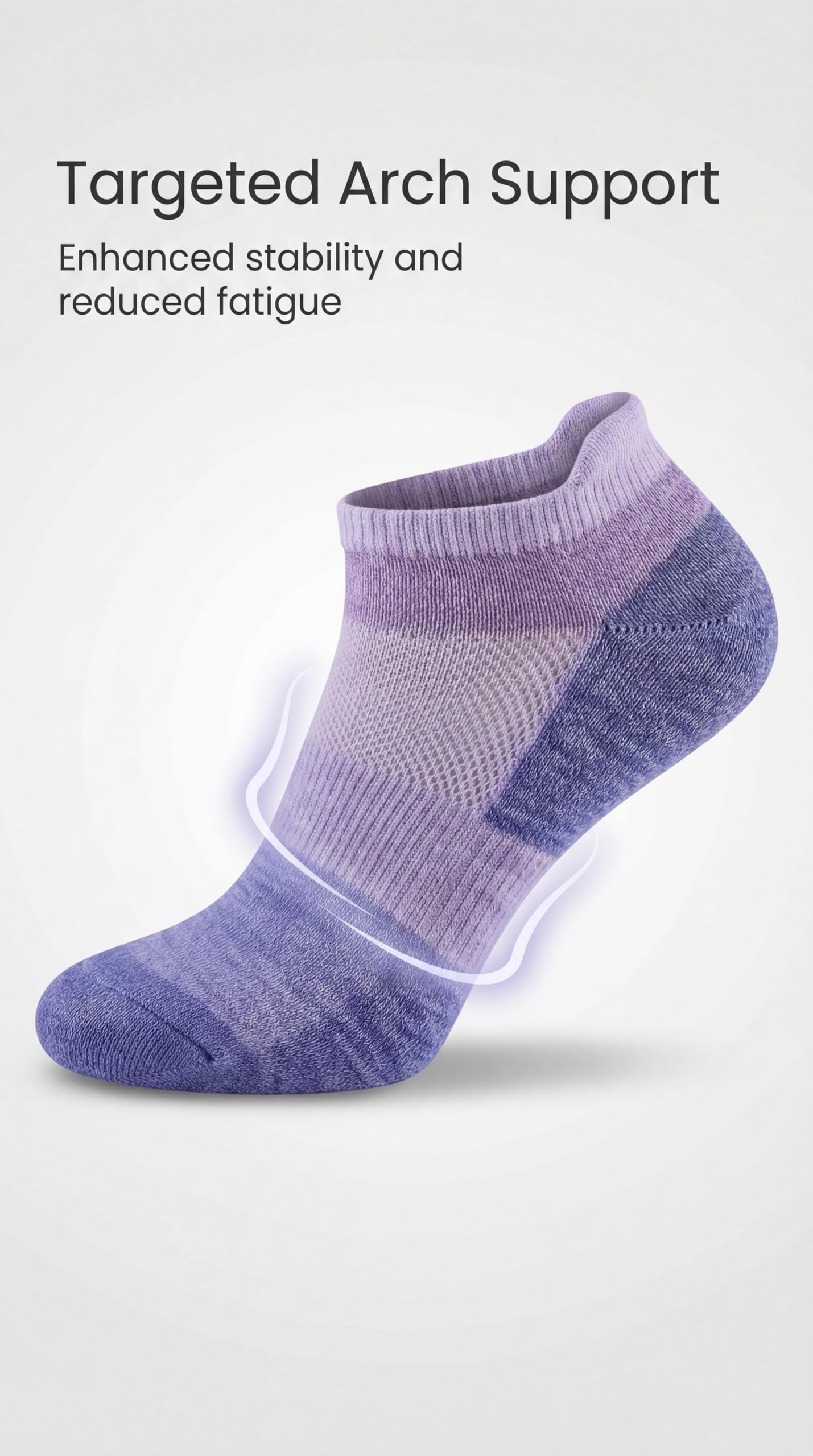 Purple ankle sock with text about targeted arch support on a light gray background