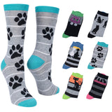 A set of novelty crew socks featuring cat paw prints and cat illustrations, shown in multiple colorways on a plain white background.