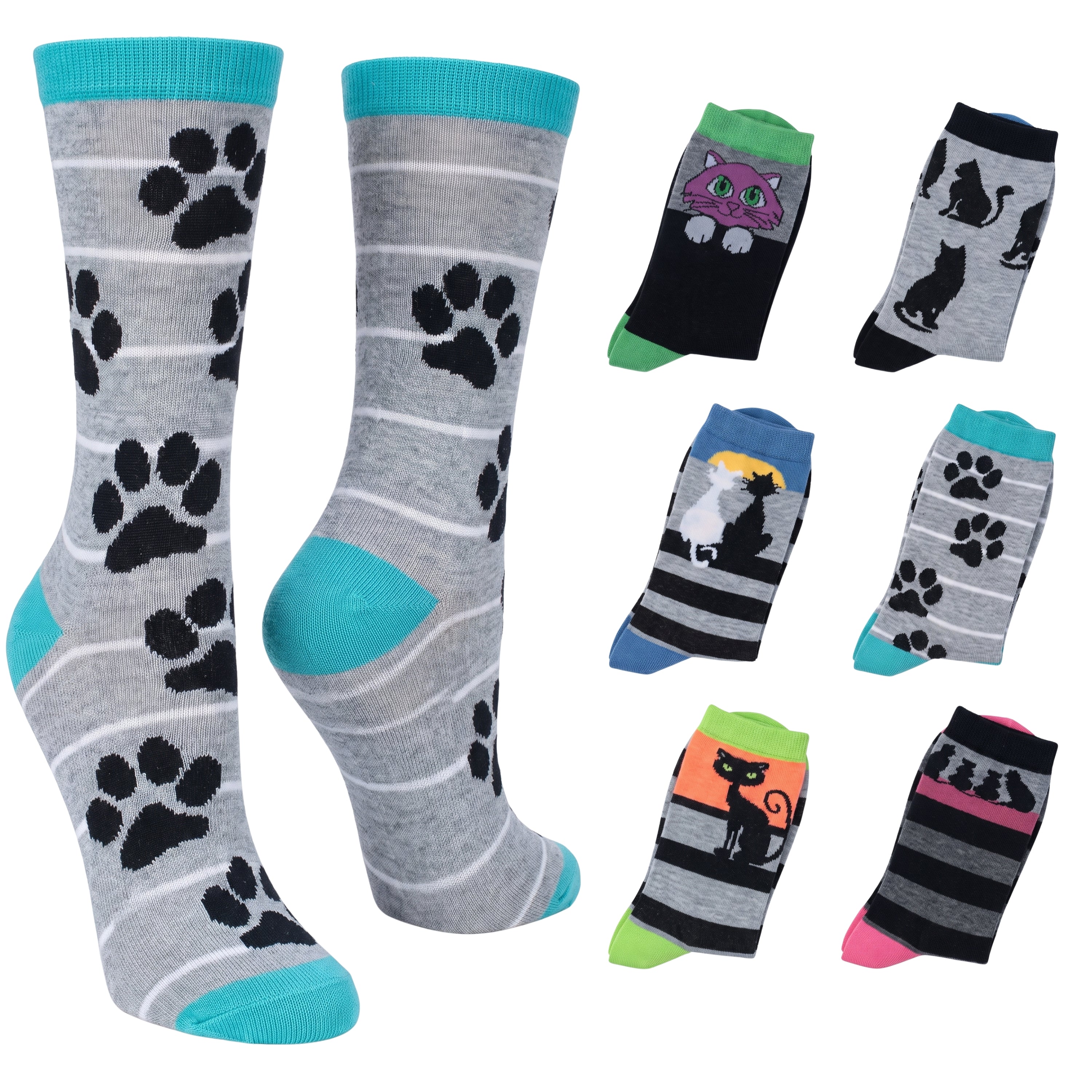 A set of novelty crew socks featuring cat paw prints and cat illustrations, shown in multiple colorways on a plain white background.