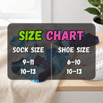 A size chart overlay for socks and shoes, showing sock sizes 9-11 and 10-13 alongside shoe sizes 6-10 and 10-13, placed over a styled background with folded socks, a knit blanket, and a white sneaker.