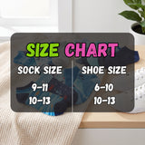 A size chart overlay for socks and shoes, showing sock sizes 9-11 and 10-13 alongside shoe sizes 6-10 and 10-13, placed over a styled background with folded socks, a knit blanket, and a white sneaker.