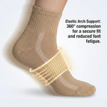 Beige ankle socks with elastic arch support on a light gray background