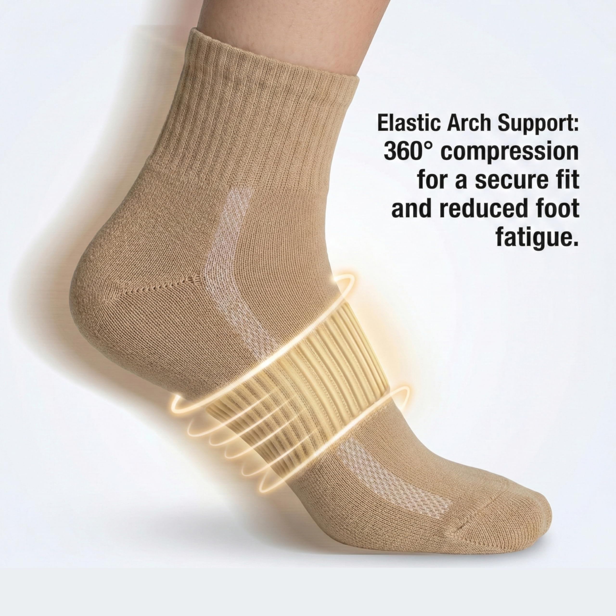 Beige ankle socks with elastic arch support on a light gray background