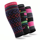 Three Ronnox compression sleeves displayed in a fan arrangement on a clean white background. The sleeves feature various colorful geometric and striped patterns in pink, purple, red, green, orange, and gray on black and pink bases.