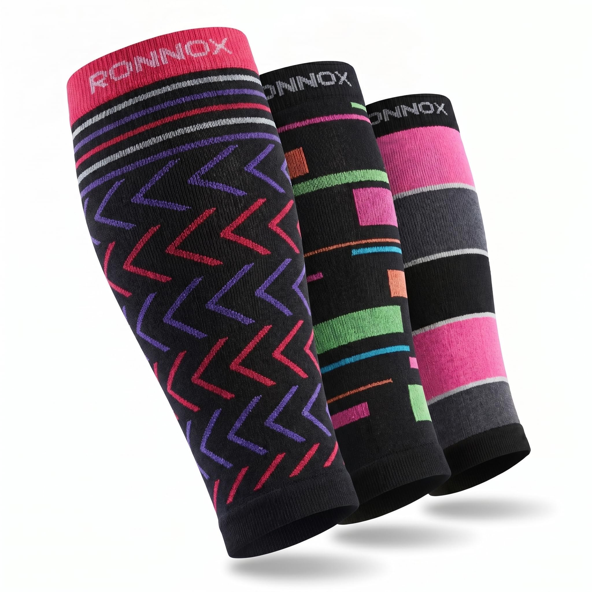 Three Ronnox compression sleeves displayed in a fan arrangement on a clean white background. The sleeves feature various colorful geometric and striped patterns in pink, purple, red, green, orange, and gray on black and pink bases.