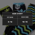 A size chart graphic overlaid on a close-up of patterned socks. The chart reads 'SIZE CHART' with 'FIT SHOE' 6-12 and 'SOCK SIZE' 10-13.