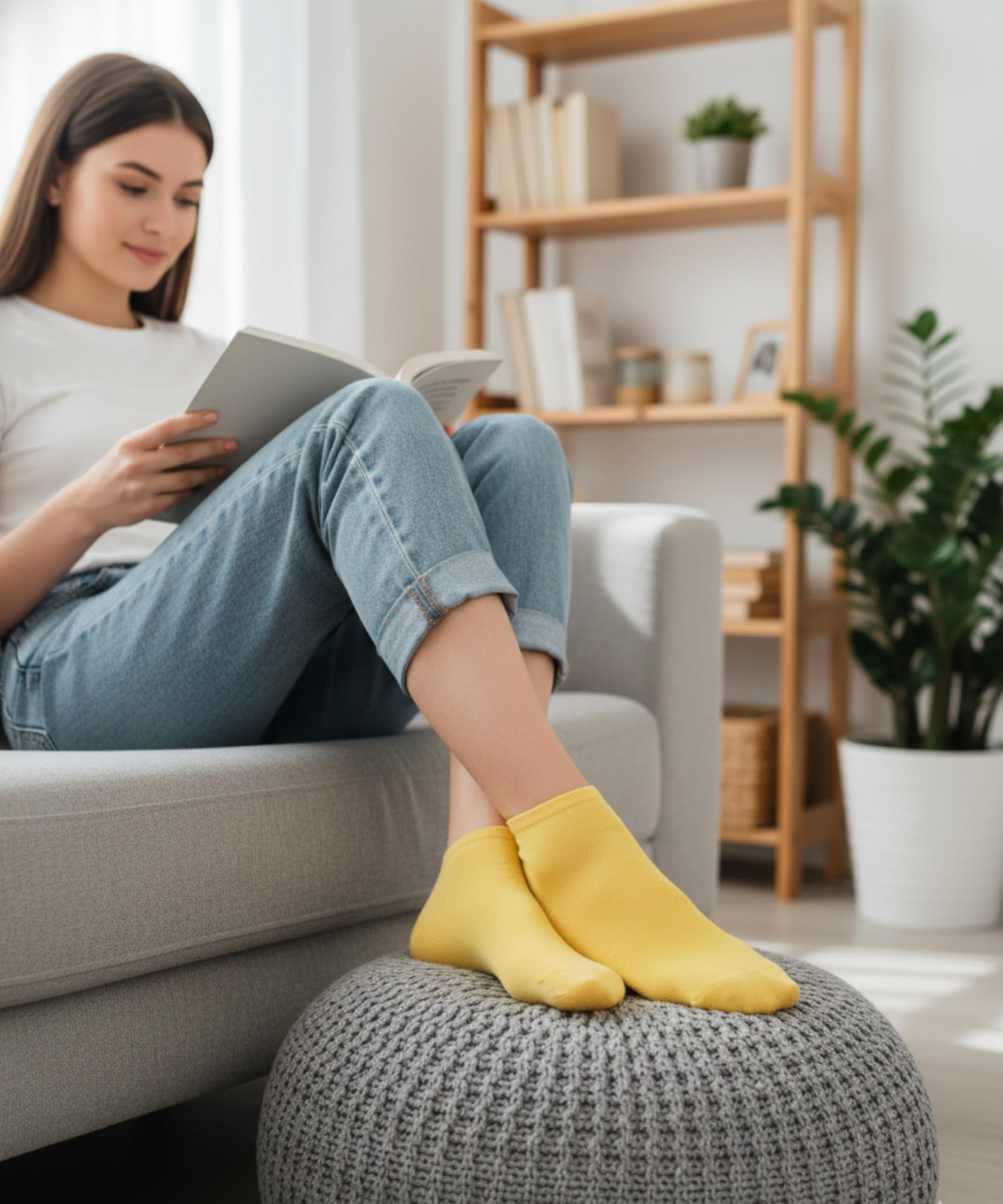 Woman sitting on a couch with yellow socks, reading a book in a cozy living room.