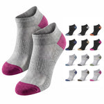 Gray socks with pink toes and heels displayed with multiple color options on a white background.
