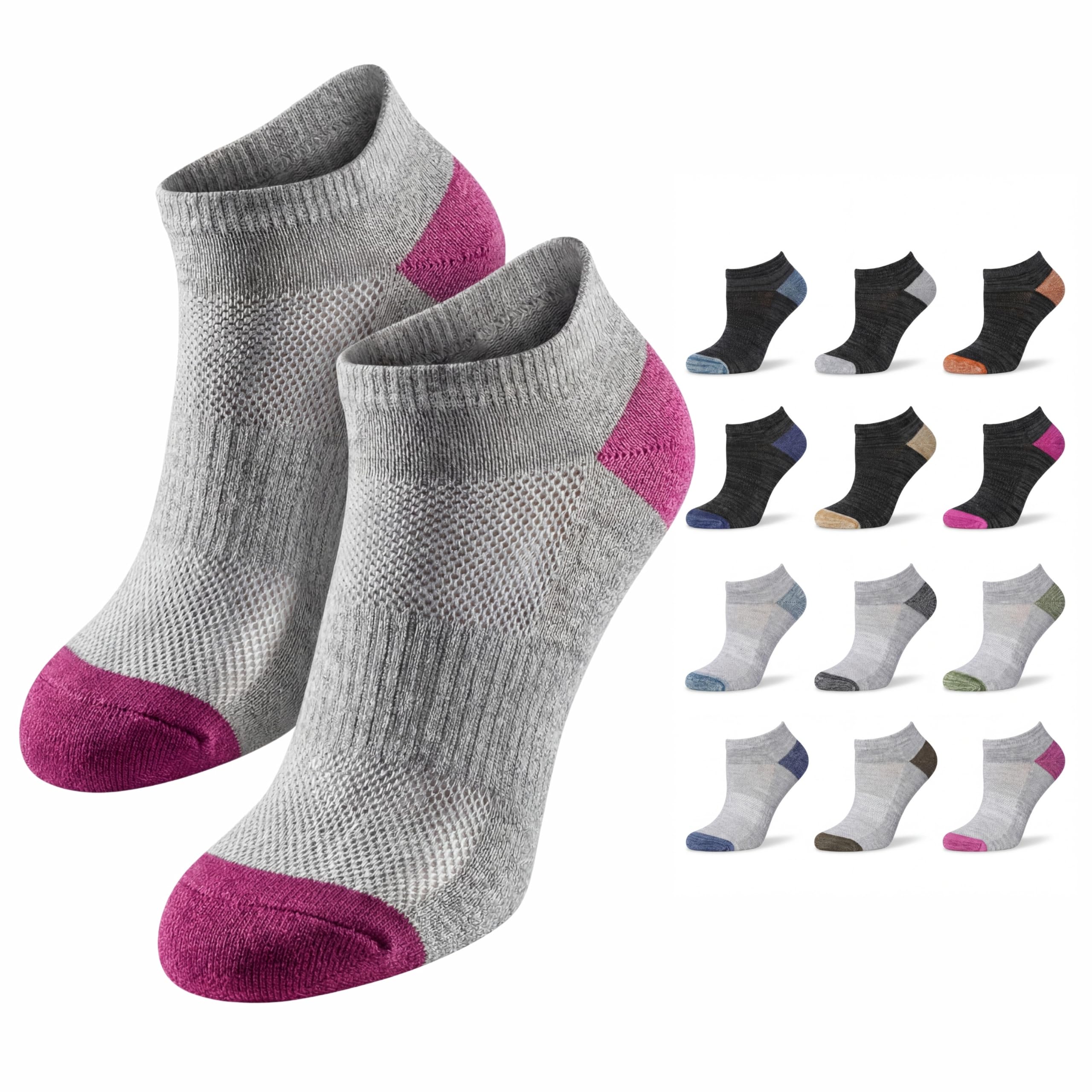 Gray socks with pink toes and heels displayed with multiple color options on a white background.