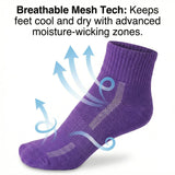 Purple sock with text about breathable mesh technology on a white background