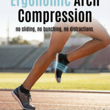 Person running on a track wearing black athletic shoes with text about ergonomic arch compression.