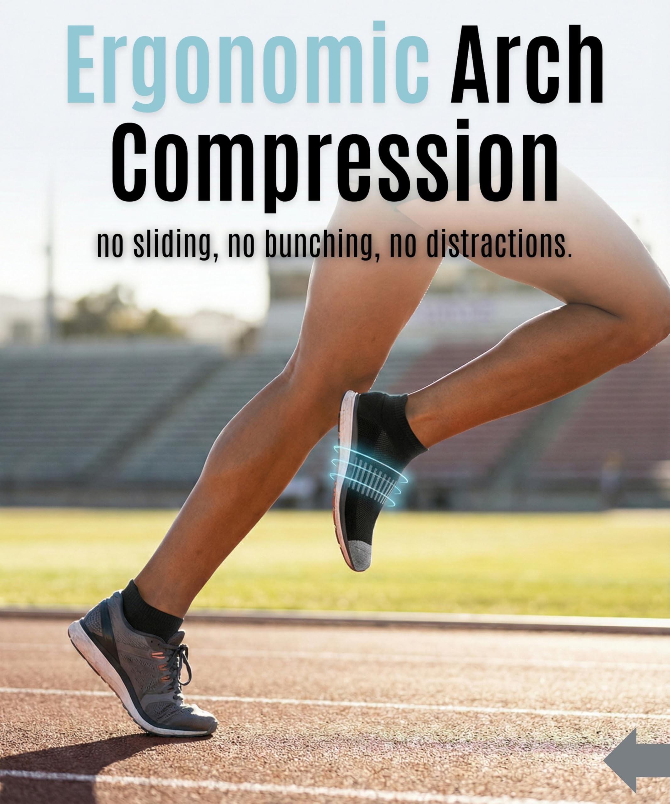 Person running on a track wearing black athletic shoes with text about ergonomic arch compression.