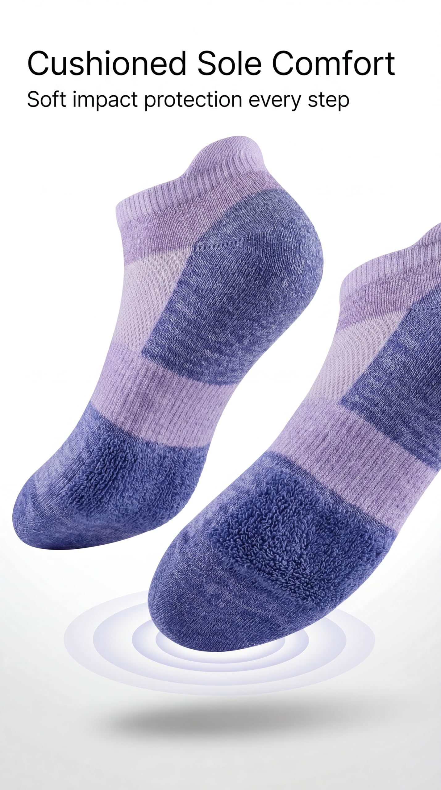 Pair of purple socks with text about cushioned sole comfort on a white background