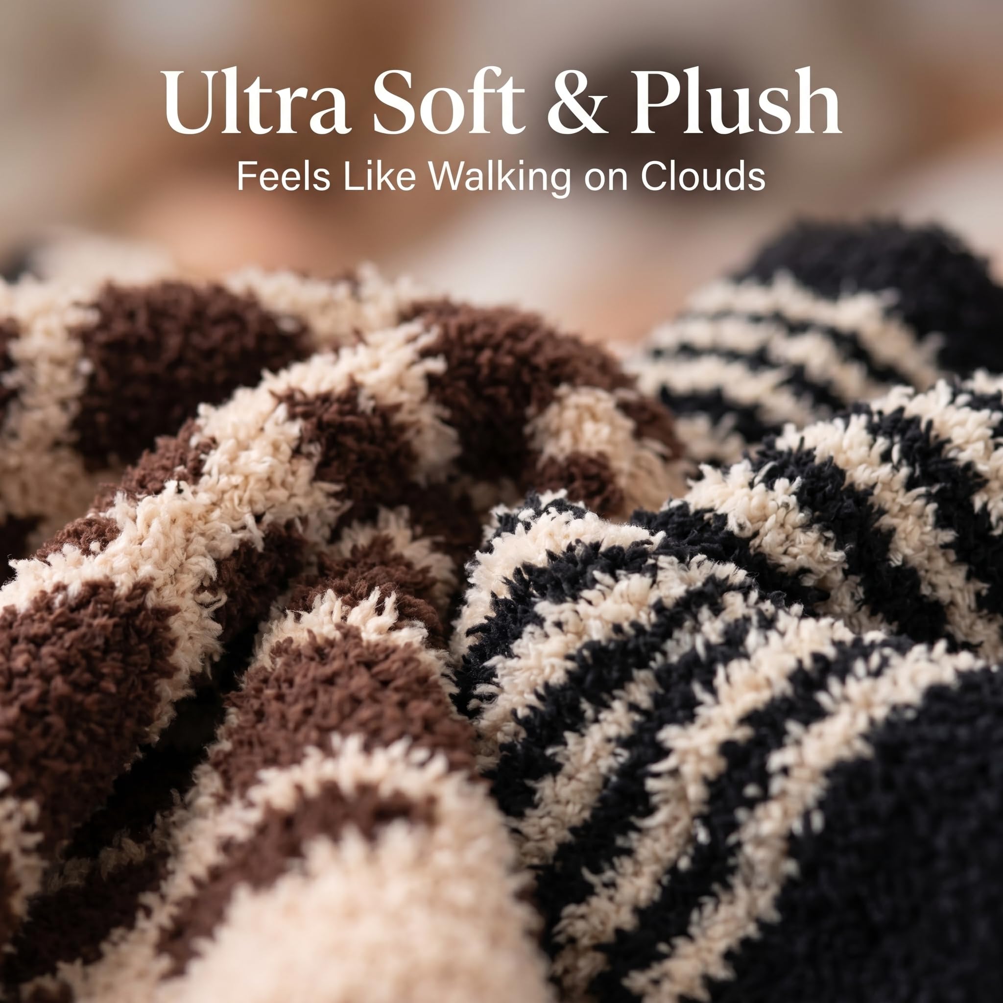 Close-up of ultra soft and plush fabric with text 'Ultra Soft & Plush Feels Like Walking on Clouds'.