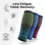Three compression calf sleeves with horizontal striped patterns in green, blue, and purple are shown on a white background with promotional text and icons indicating benefits like reduced fatigue and faster recovery. The brand name RONNOX is visible on the top cuff of each sleeve.