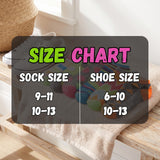 A size chart graphic overlaid on a lifestyle photo of a wooden bench with folded socks and a sneaker. The chart reads 'SIZE CHART' with 'SOCK SIZE' ranging 9-11 and 10-13, and 'SHOE SIZE' ranging 6-10 and 10-13.