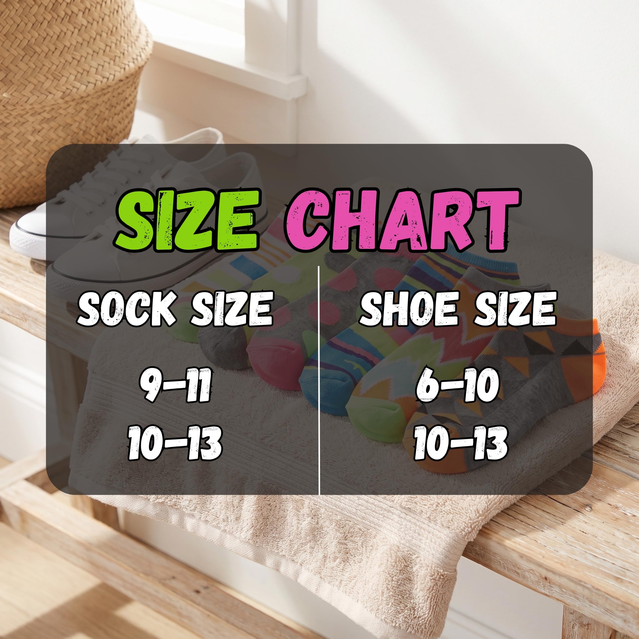 A size chart graphic overlaid on a lifestyle photo of a wooden bench with folded socks and a sneaker. The chart reads 'SIZE CHART' with 'SOCK SIZE' ranging 9-11 and 10-13, and 'SHOE SIZE' ranging 6-10 and 10-13.