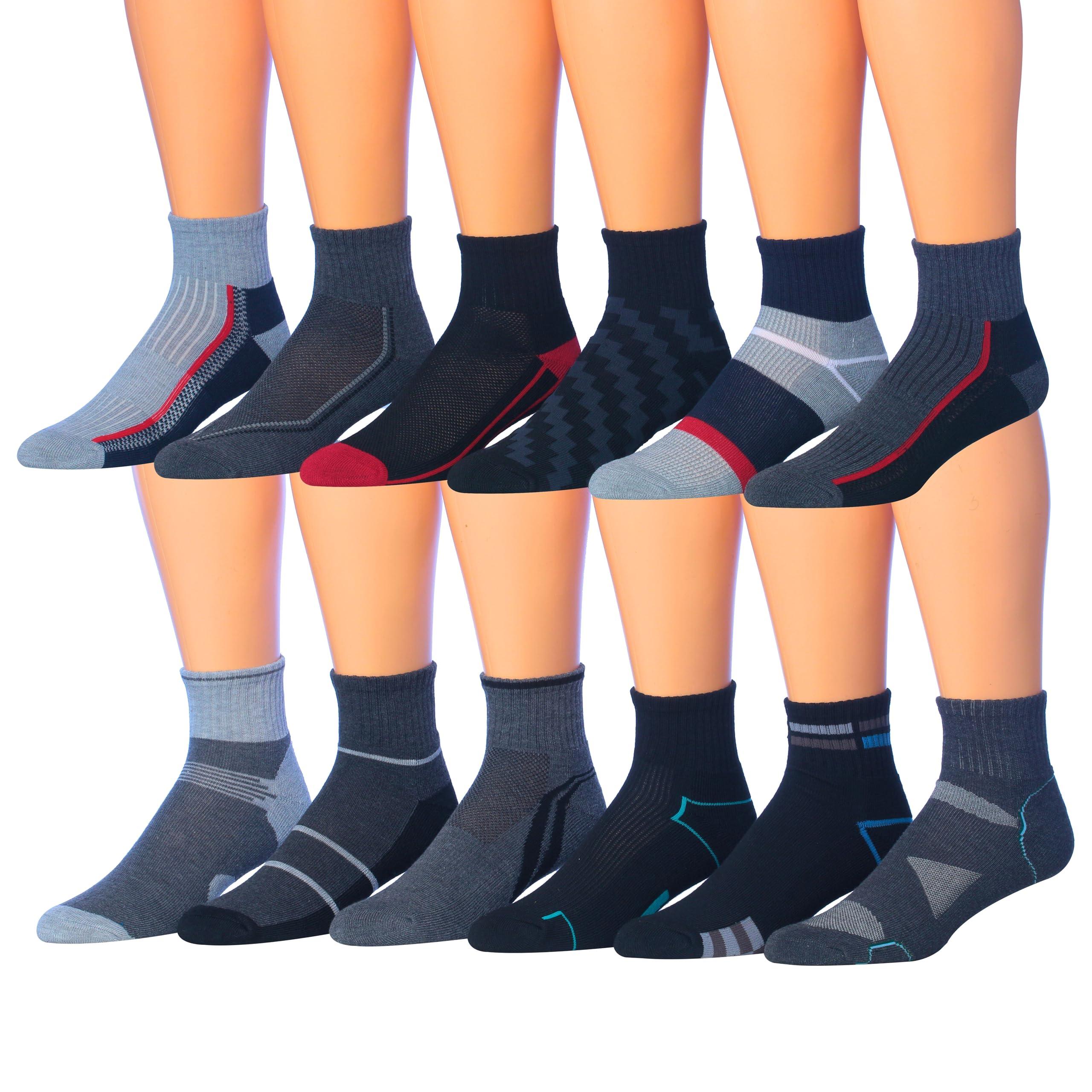 JAMES FIALLO Men's 12 Pack Charcoal Black Mix Patterned Quarter Athletic Socks - Tipi Toe Socks