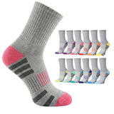 A pair of gray ribbed crew socks with pink heel and toe accents, shown alongside a 12-pack display of the same sock design in various color options.