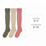 Three knee-high ribbed socks in olive green, cream, and dusty pink, shown with dimension arrows and text indicating sock size 9-11 fits shoe size 6-10.