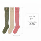 Three knee-high ribbed socks in olive green, cream, and dusty pink, shown with dimension arrows and text indicating sock size 9-11 fits shoe size 6-10.