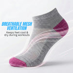 Gray and pink athletic sock with text about breathable mesh ventilation on a white background