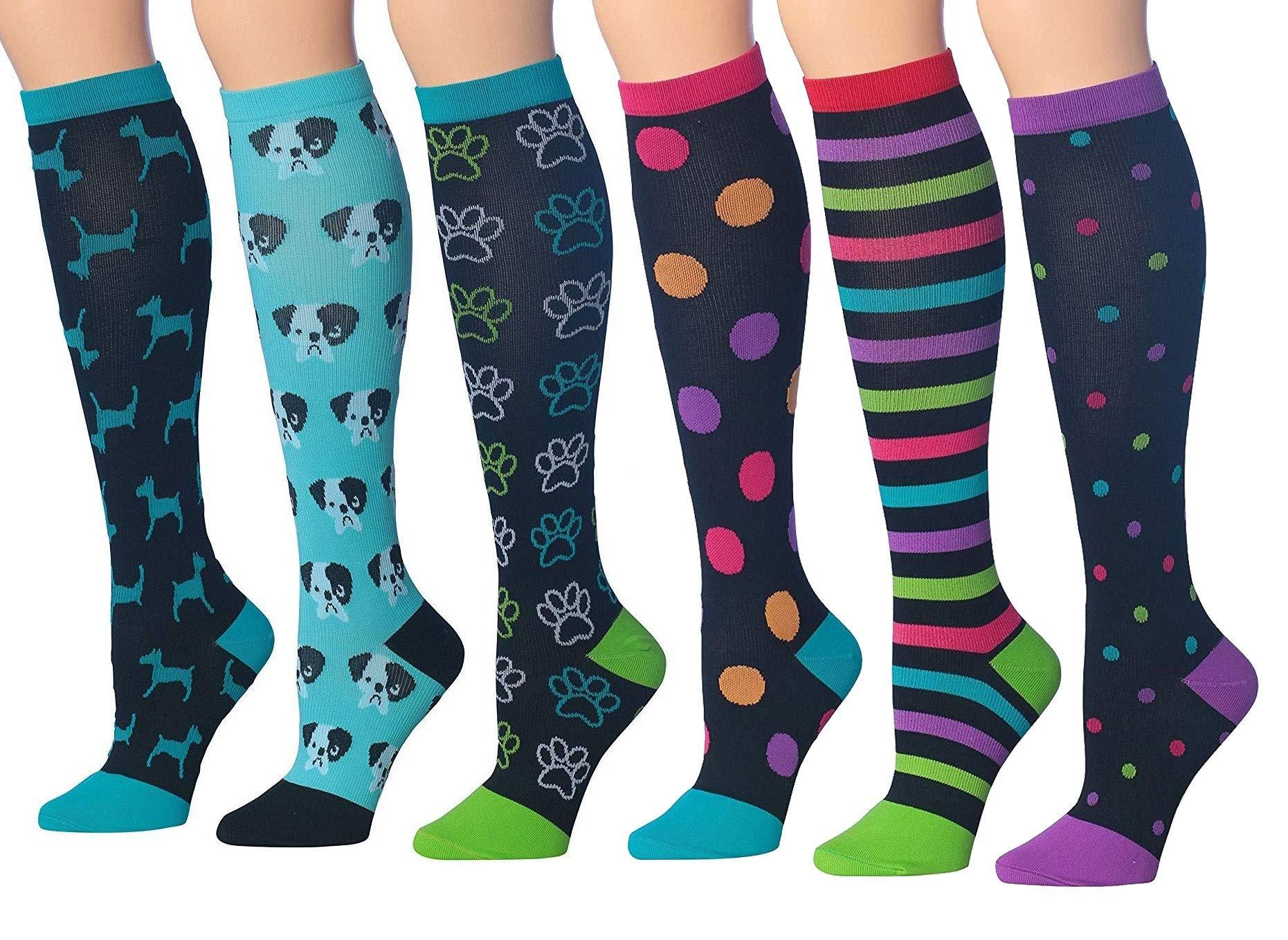 RONNOX Compression Socks for Men & Women Colorful Patterned Knee High Socks (16-20 mmHg / 12-14 mmHg) 6-Pairs CP01-BD - Socks