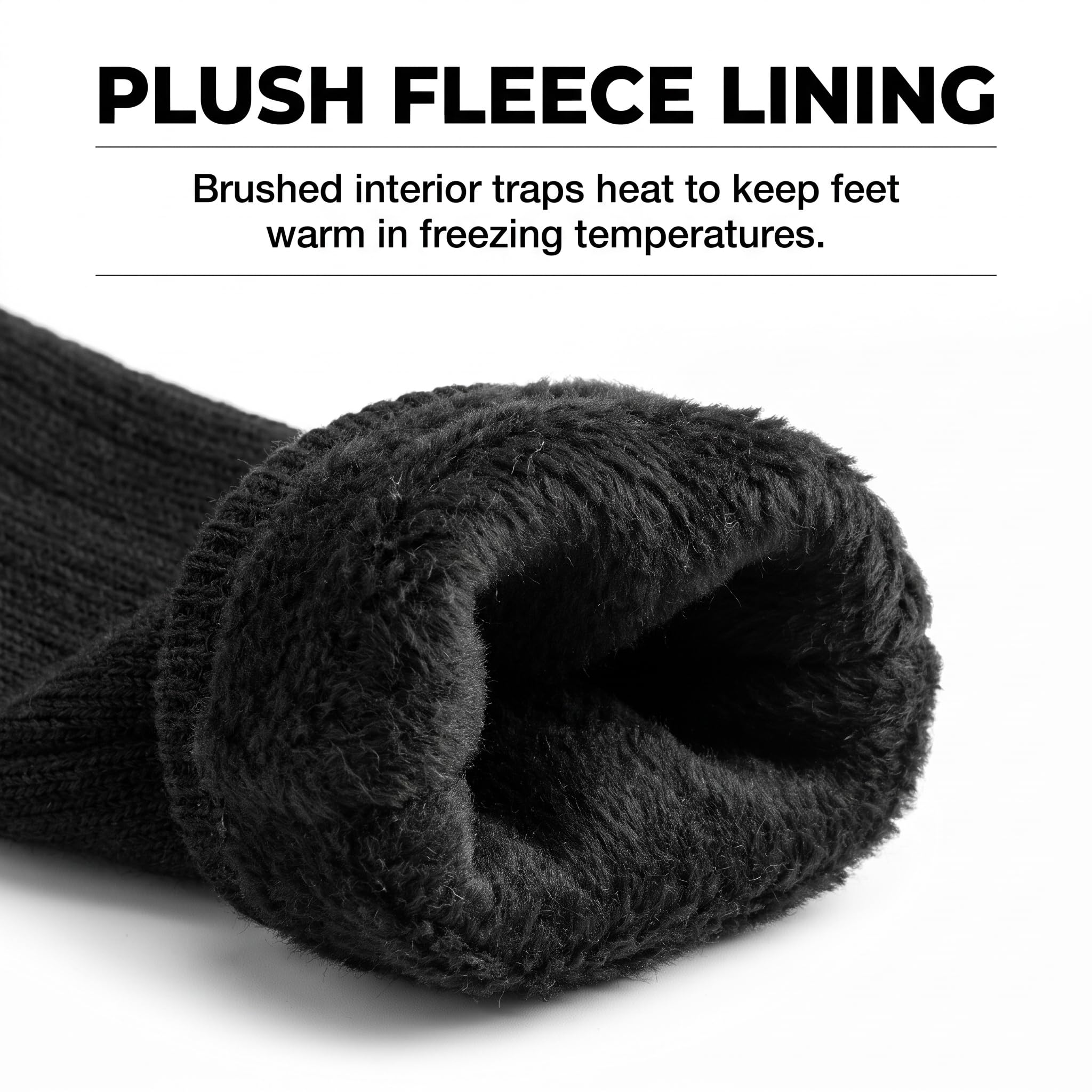 Close-up of a black knit sock rolled to show its plush fleece lining, with text above reading 'PLUSH FLEECE LINING' and 'Brushed interior traps heat to keep feet warm in freezing temperatures.'.