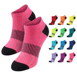 Pink socks with black toes and heels, surrounded by a grid of colorful socks on a white background.