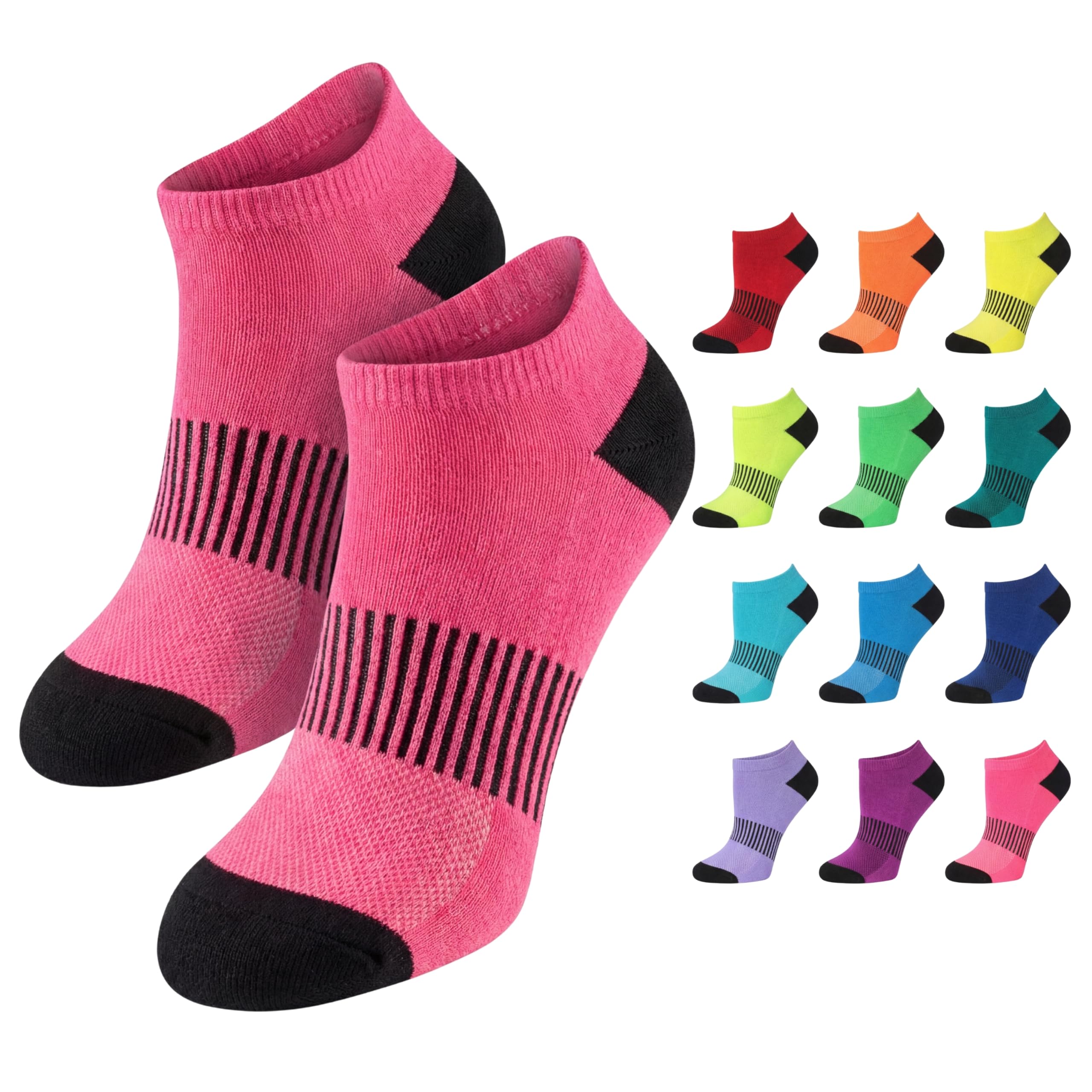 Pink socks with black toes and heels, surrounded by a grid of colorful socks on a white background.