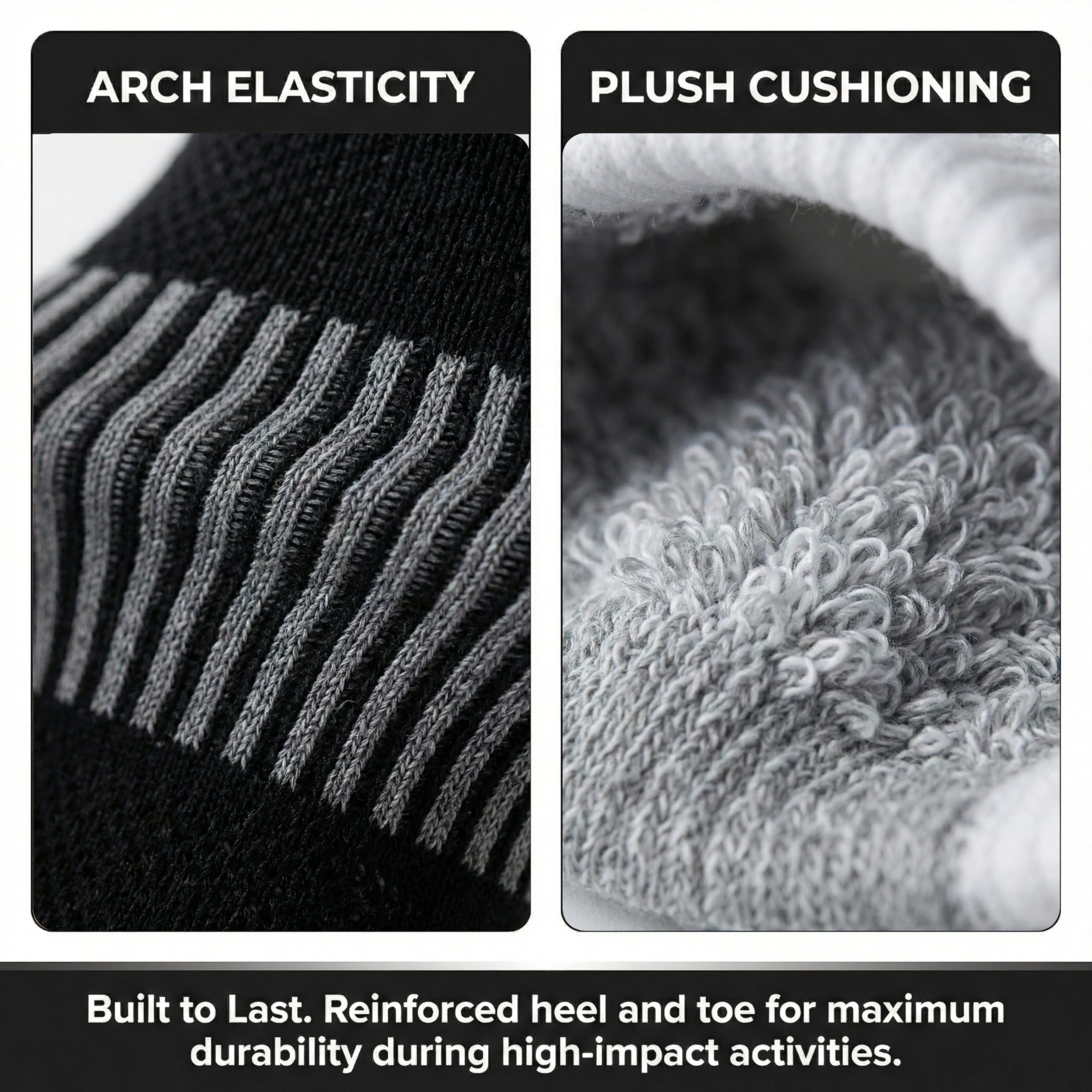 Close-up of sock design with arch elasticity and plush cushioning features.