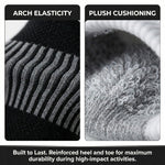 Close-up of sock design with arch elasticity and plush cushioning features.