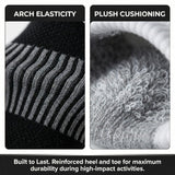 Close-up of sock design with arch elasticity and plush cushioning features.