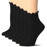Tipi Toe Womens Black Turn-Cuff Solid Lettuce Edge Lightweight Quarter Length Ruffle Socks
